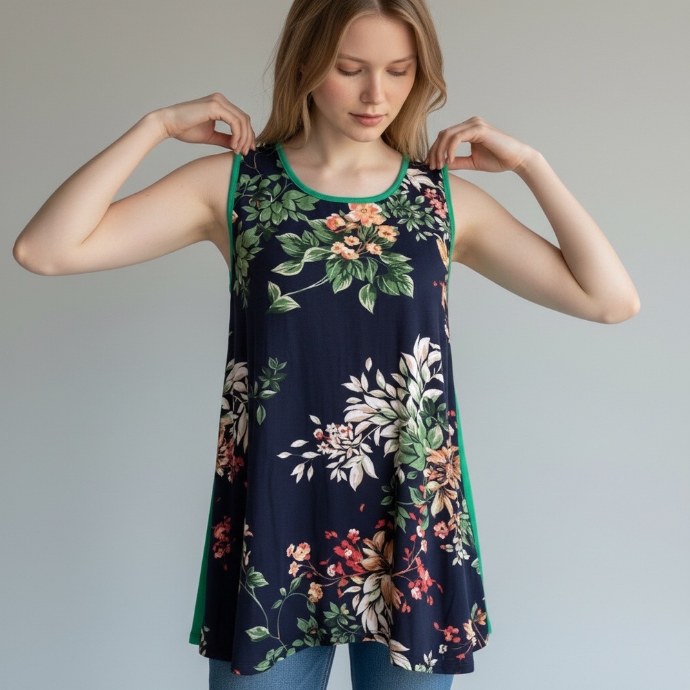 Betsy’s Boutique Shop Floral front sleeveless tank top with green back Size S